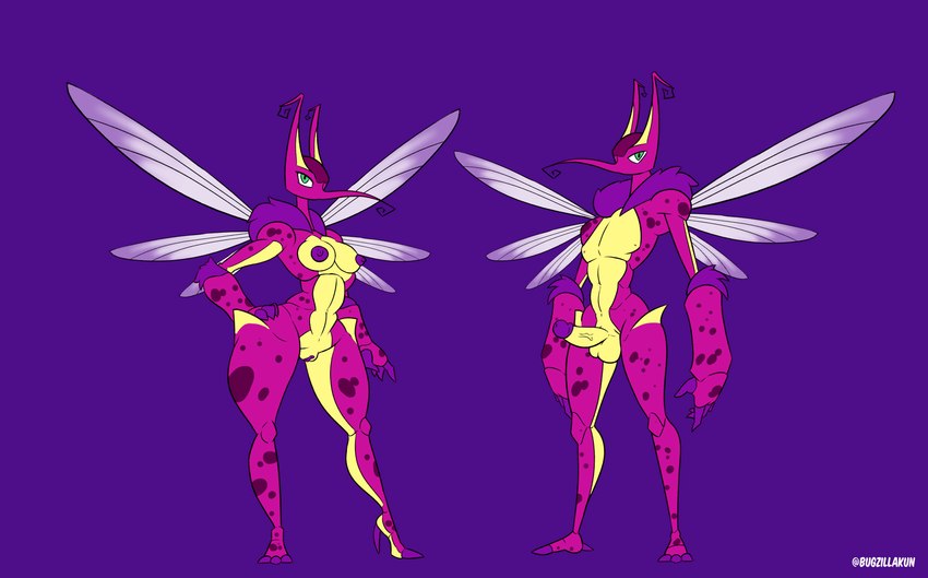 3_toes 4_fingers abs antennae_(anatomy) anthro balls clothing curled_antennae duo erection feet female fingers footwear fur genitals hand_on_hip high_heels humanoid_genitalia humanoid_penis insect_wings looking_at_viewer male male/female markings navel nipples penis pink_body purple_background purple_body purple_fur purple_nipples purple_penis purple_spots pussy shoes simple_background slim spots spotted_body spread_wings thick_thighs toes tuft vein veiny_penis wings yellow_body yellow_penis bugzilla disney spectrobes arthropod fly_(animal) insect mosquito mossax spectrobe 2022 absurd_res flat_colors hi_res model_sheet signature