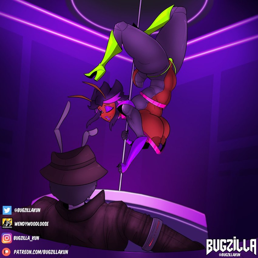 abs antennae_(anatomy) anthro areola arthropod_abdomen big_breasts black_hair boots breasts clothing detailed_background duo female footwear genitals grey_body hair hat headgear headwear high_heeled_boots high_heels highlights_(coloring) jacket male multicolored_body neon_lights nipples pole purple_body purple_hair purple_highlights pussy pussy_floss red_body shoes short_hair stripper_pole thick_thighs thong topwear two_tone_body underwear bugzilla anthony_(agent_nutbust) bugzilla_(character) ant arthropod crustacean hymenopteran insect isopoda malacostracan pill_bug woodlouse 1:1