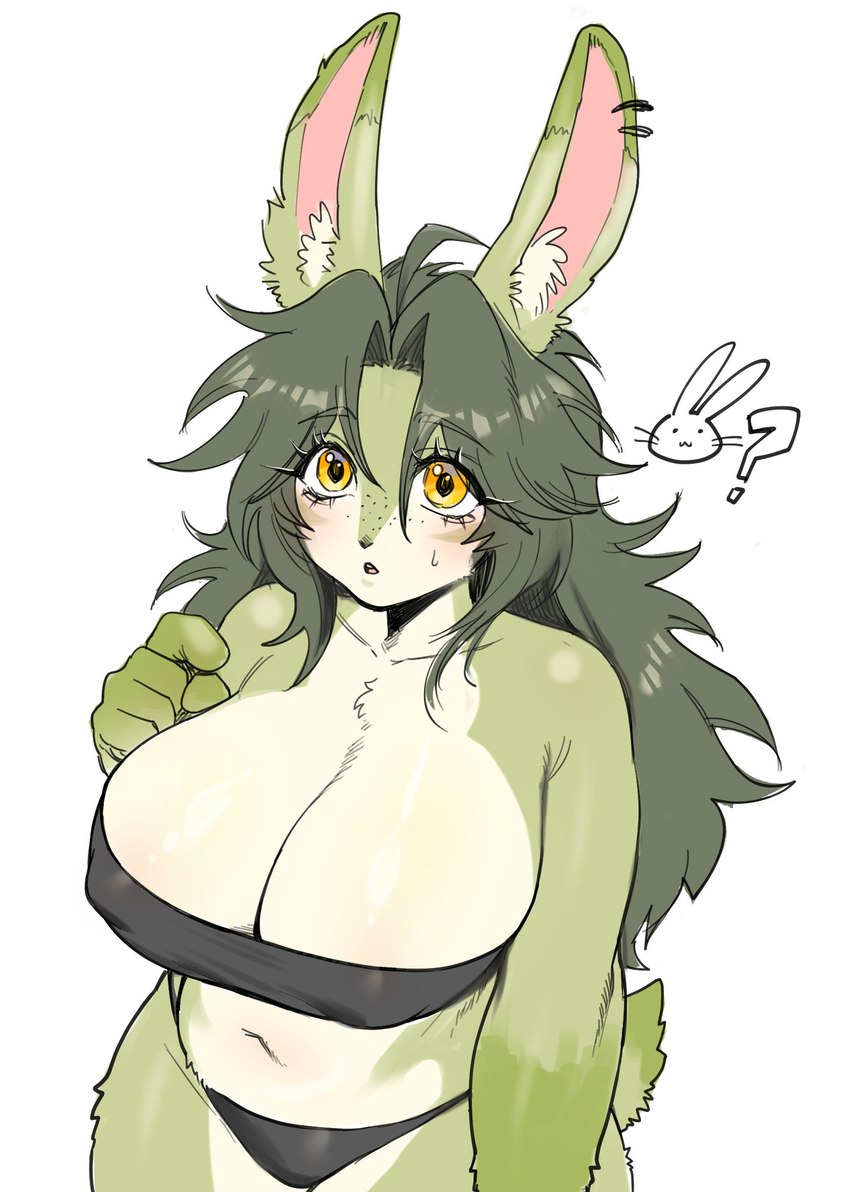 anthro big_breasts black_clothing black_panties black_underwear blush bodily_fluids breasts chest_tuft clothing collarbone ear_piercing ear_ring eyebrow_through_hair eyebrows eyelashes female fur glistening glistening_body glistening_breasts glistening_fur green_body green_fur green_hair hair huge_breasts inner_ear_fluff long_ears long_hair looking_at_viewer nipple_outline panties piercing question_mark ring_piercing solo sweat sweatdrop topwear translucent translucent_hair tube_top tuft underwear yellow_eyes cursedanchovy lagomorph leporid mammal rabbit 2023 hi_res pictographics