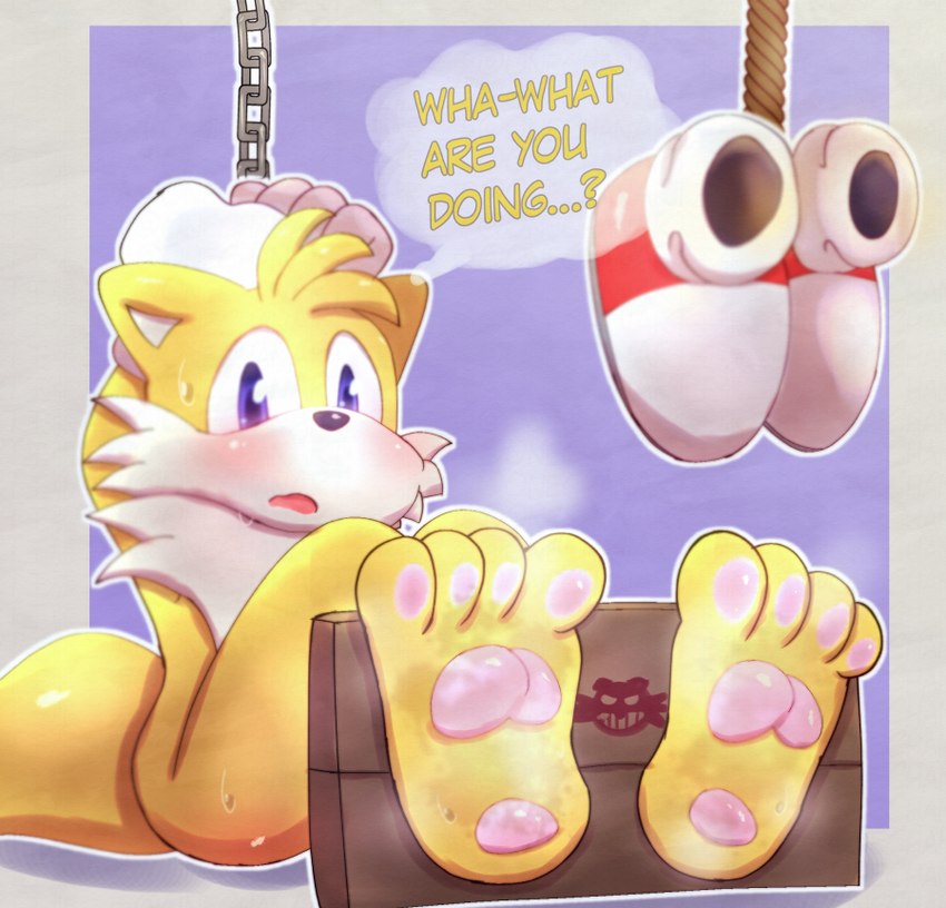 arms_tied bdsm blush bodily_fluids bondage bound clothing feet foot_fetish footwear male musk musk_clouds pawpads paws shoes shoes_removed solo sweat young onechan sega sonic_the_hedgehog_(series) miles_prower