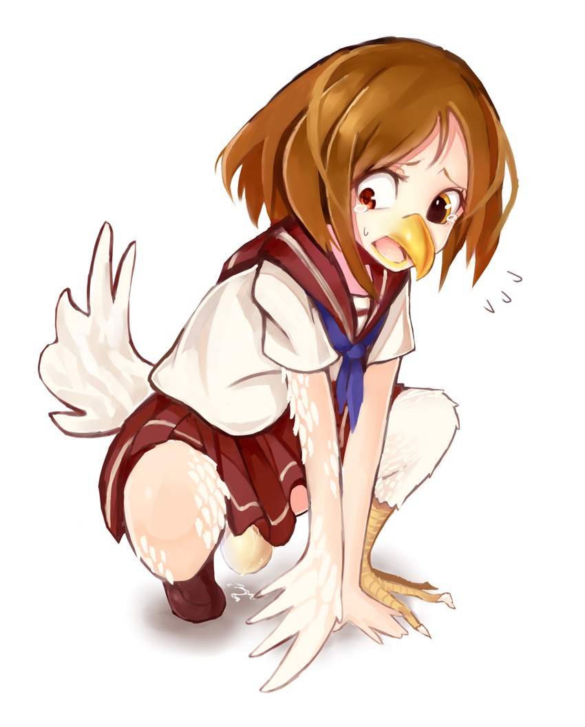 asian_clothing beak beak_growth bodily_fluids bottomwear brown_hair claws clothed clothing crouching east_asian_clothing egg feather_growth feathers feet female furgonomics genital_fluids growth hair japanese_clothing japanese_school_uniform open_mouth oviposition scared school_uniform scuted_legs scutes serafuku shirt simple_background skirt solo tail tail_through_skirt talons tears toe_claws toes topwear transformation uniform vaginal_fluids white_background yellow_eyes young airotf animal_humanoid avian bird chicken galliform gallus_(genus) humanoid phasianid 2014 hi_res