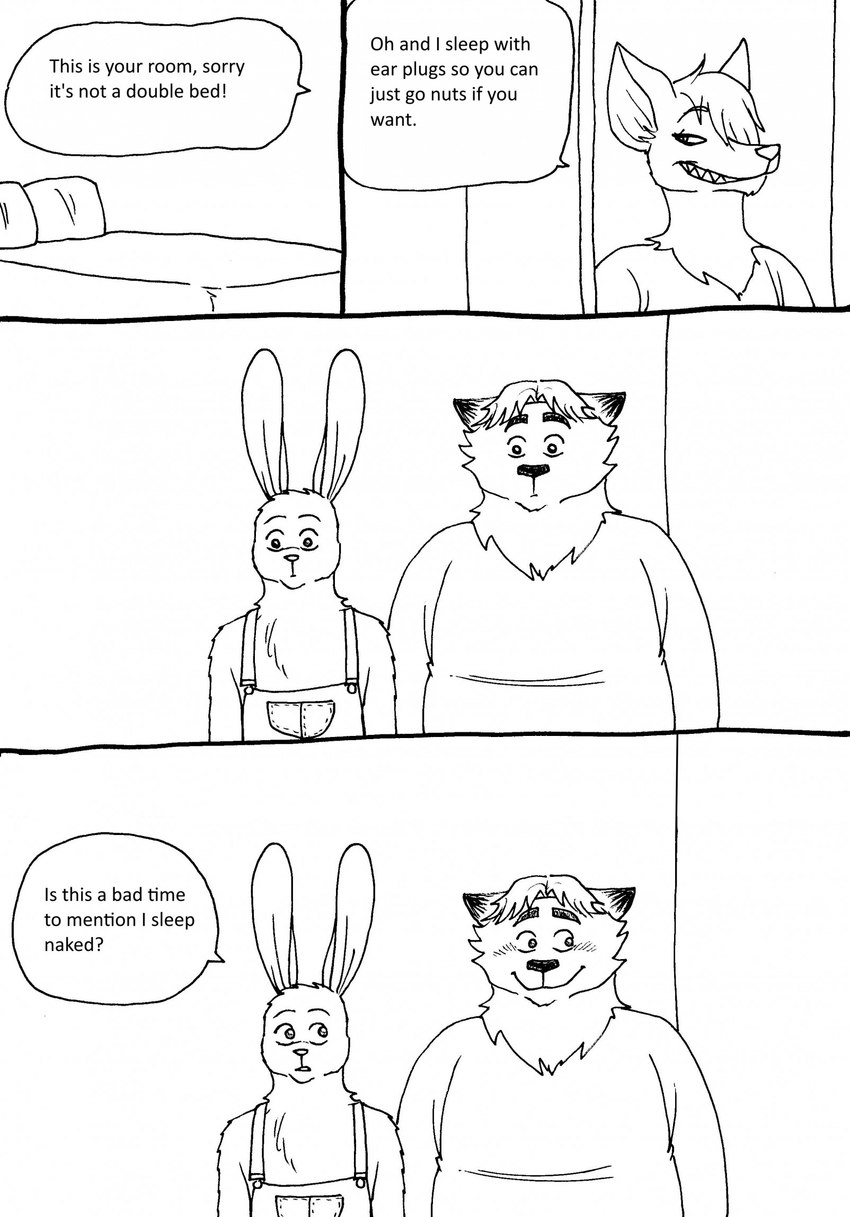 anthro bed blush clothing dialogue duo furniture male overalls overweight overweight_male shirt text topwear bernielover disney zootopia fan_character gideon_grey nate_hopps canid canine fox lagomorph leporid mammal rabbit red_fox true_fox 2023 comic english_text hi_res monochrome