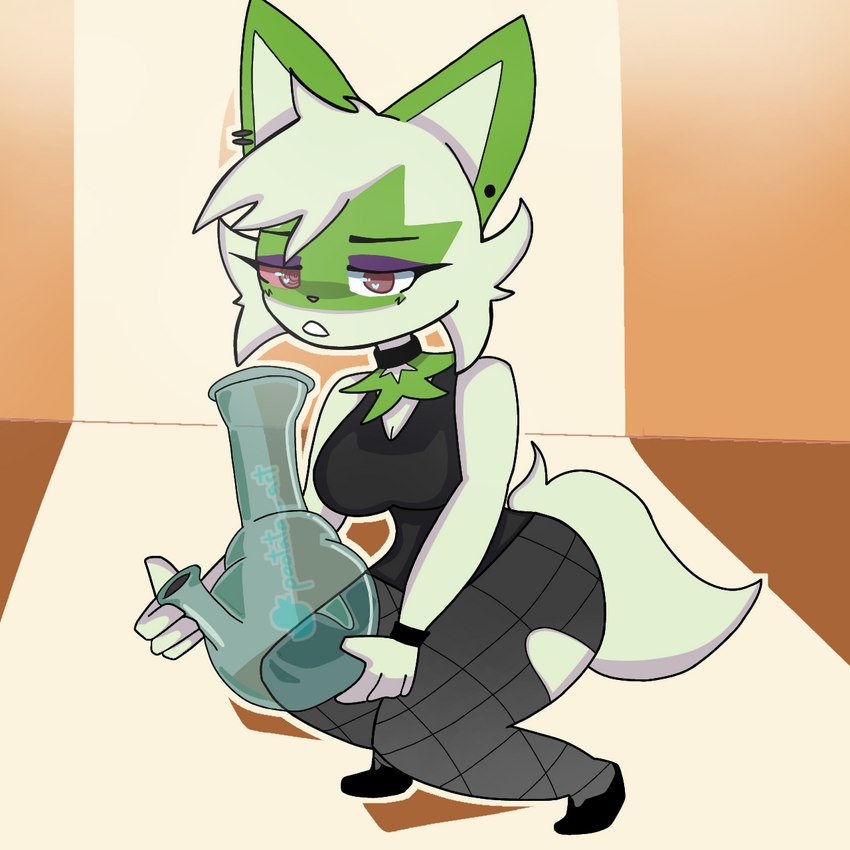 anthro black_bracelet bracelet bunny_costume clothing costume drugs female green_body green_ears green_head jewelry marijuana smoking thick_thighs pootato nintendo pokemon felid feline felis generation_9_pokemon mammal pokemon_(species) sprigatito 1:1 hi_res