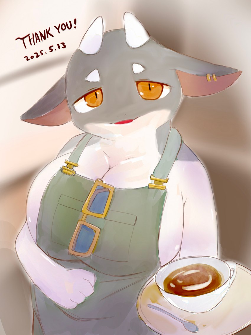 anthro apron apron_only beverage big_breasts breasts cafe circle_eyebrows cleavage clothed clothing coffee coffee_cup container cup cutlery detailed_background ear_piercing ear_ring eyebrows eyewear female floppy_ears glistening glistening_body glistening_breasts green_apron green_clothing grey_body hairless half-closed_eyes high-angle_view holding_platter horn huge_breasts kemono kitchen_utensils looking_at_viewer multicolored_body narrowed_eyes open_mouth orange_eyes piercing platter pupils ring_piercing side_boob slit_pupils solo spoon steam sunglasses sunglasses_removed tan_body text tools two_tone_body white_eyebrows zeo_er1ca mythology latte_(sme4) dragon mythological_creature mythological_scalie scalie 2025 3:4 absurd_res dated english_text hi_res