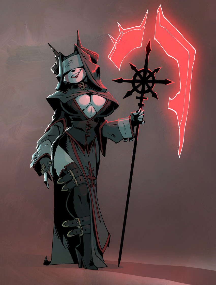 anthro axe big_breasts boots breasts chaos_star chaos_undivided cleavage cleavage_cutout clothed clothing cutout energy_axe energy_blade female footwear greataxe high_heeled_boots high_heels horn legwear melee_weapon nun polearm robe shoes simple_background smile smirk solo spear staff symbol thigh_boots thigh_highs weapon wide_hips bigdad warhammer_(franchise) alma_(skecchiart) chaos_cultist bovid caprine mammal hi_res