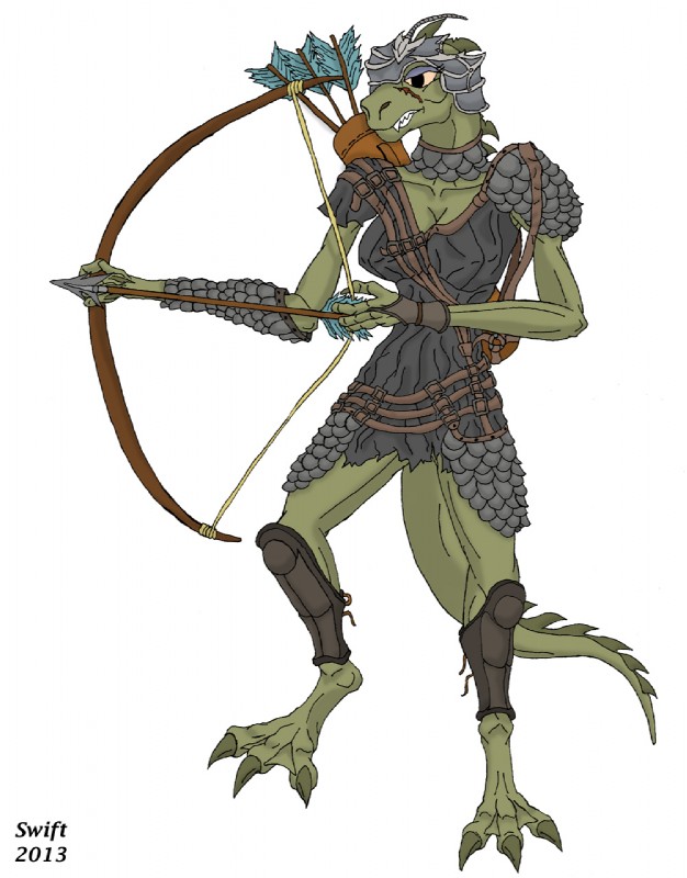 anthro archer armor arrow_(weapon) bow_(weapon) bracers breasts cleavage clothed clothing female headgear helmet holding_object holding_weapon non-mammal_breasts quiver_(object) ranged_weapon scale_armor scar shirt solo straps topwear tunic weapon swift_(artist) flash_gordon_(copyright) the_new_adventures_of_flash_gordon cheren flash_gordon lizard_woman_(the_new_adventures_of_flash_gordon) lizard reptile scalie hi_res