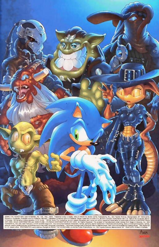 anthro bagbar blue_body blue_fur clothing female fur group hat headgear headwear horn leather machine male sentelle text j_axer archie_comics sega sonic_the_hedgehog_(archie) sonic_the_hedgehog_(comics) sonic_the_hedgehog_(series) bagbar_breeblebrox lizard_bounty_hunter sonic_the_hedgehog eulipotyphlan hedgehog lizard mammal reptile robot scalie english_text hi_res