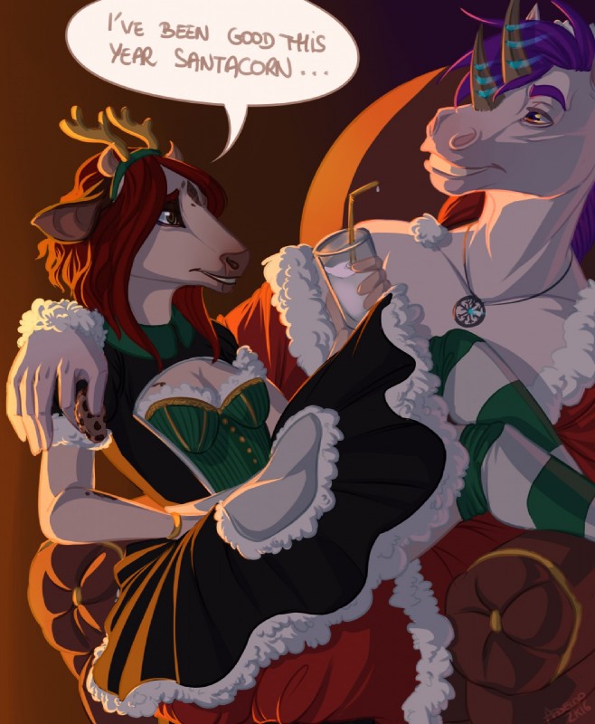 anthro antlers beverage clothed clothing dirndl duo female horn hug male smile text adeloo mythology deer equid equine mammal mythological_creature mythological_equine unicorn english_text hi_res