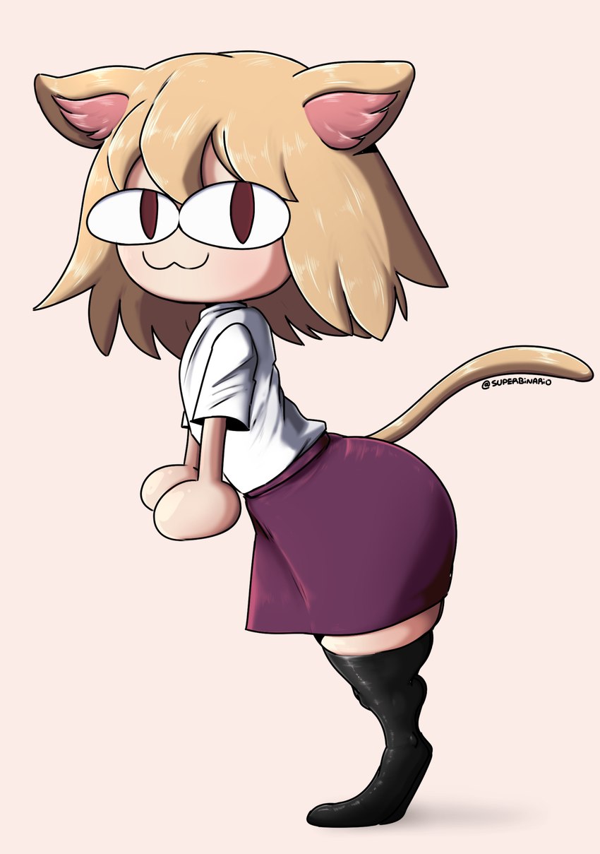 :3 big_butt blonde_hair breasts butt clothed clothing female hair inner_ear_fluff legwear pale_skin red_eyes simple_background small_breasts smile solo thick_thighs toony tuft superbinario tsukihime type-moon neco-arc animal_humanoid cat_humanoid felid felid_humanoid feline feline_humanoid humanoid mammal mammal_humanoid absurd_res hi_res