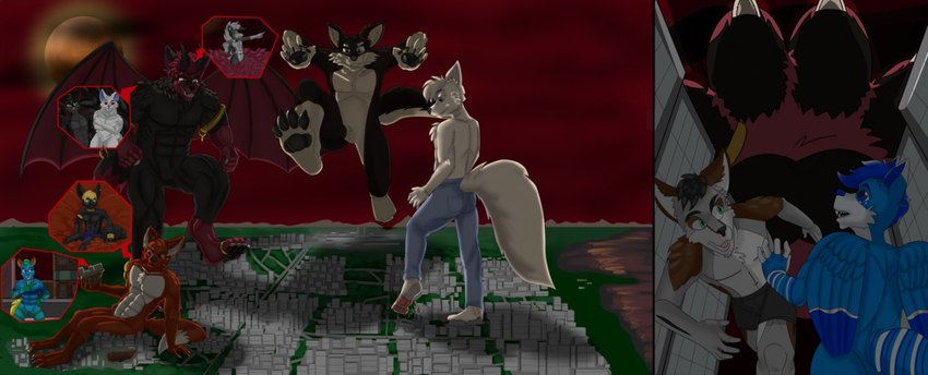 anthro butt city claws crush destruction detailed_background feet group landscape_dwarfing large_group macro male micro micro_on_shoulder muscular muscular_anthro muscular_male pawpads paws powerful rampage size_difference stomping mew2 artie raindrops_(raindropsjfl) vix_archaser anubian_jackal arctic_fox canid canine canis deity fox jackal mammal true_fox wolf