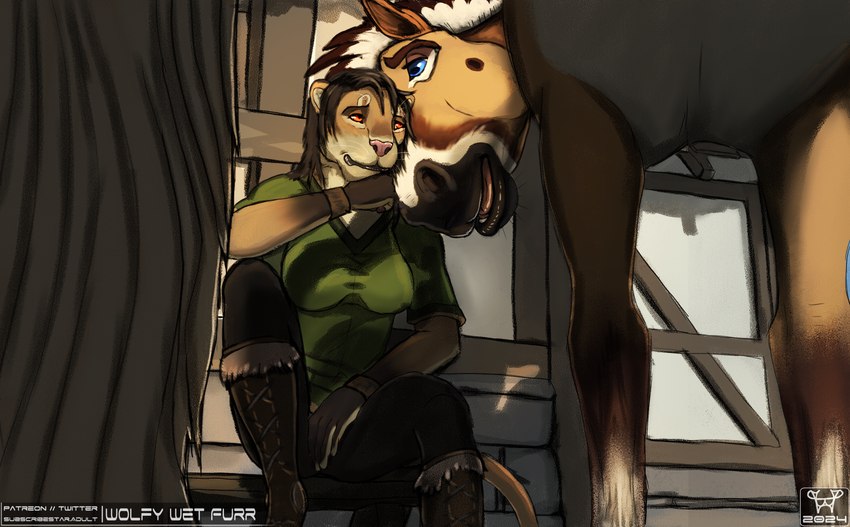 bench building clothed clothing female feral house larger_male lips low-angle_view male nude nuzzling open_mouth outside sitting size_difference smaller_female smile teeth tongue underneath viking warrior worm's-eye_view wolfywetfurr_(artist) artfight brynhildr vidar draft_horse equid equine felid fjord_horse horse lion mammal pantherine 2024 hi_res