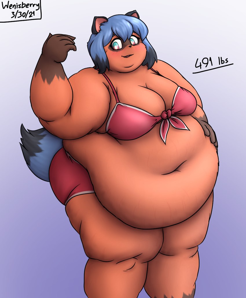 5_fingers anthro belly belly_tuft big_belly big_breasts big_tail bikini black_nose blue_eyebrows blue_hair blue_tail blush breasts cleavage clothed clothing double_chin eyebrows fat_arms female fingers gradient_background hair hand_on_belly huge_belly huge_breasts huge_thighs hyper hyper_belly looking_at_self navel obese obese_anthro obese_female open_mouth open_smile overweight overweight_anthro overweight_female simple_background smile solo standing swimwear tail text thick_thighs tuft two-piece_swimsuit weight_gain wenisberry brand_new_animal studio_trigger michiru_kagemori canid canine mammal raccoon_dog tanuki 2021 artist_name digital_media_(artwork) hi_res portrait story story_in_description three-quarter_portrait