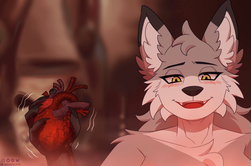 anthro blood blush bodily_fluids female gore heart_(organ) holding_organ organs parody ritual ritual_sacrifice sacrifice smile solo hainequem indiana_jones_(franchise) akai_(wolfakai) canid canine canis mammal wolf bust_portrait hi_res portrait