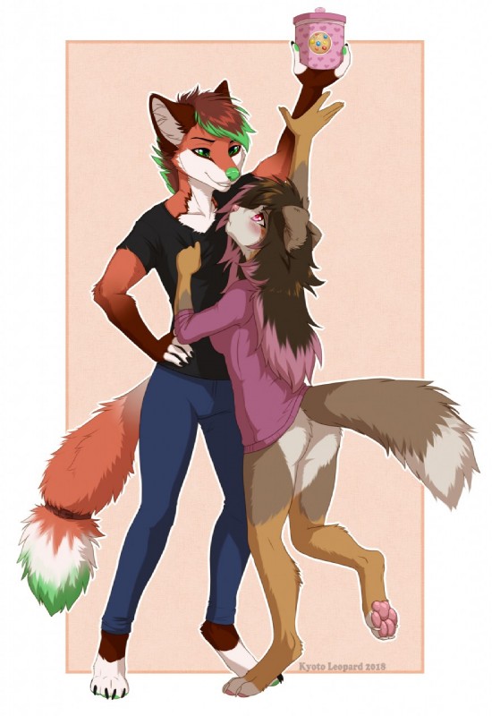 5_fingers anthro barefoot bottomless brown_hair butt clothed clothing digitigrade duo feet female fingers green_eyes green_nose hair male pink_eyes pink_nose simple_background smile kyotoleopard nana_(fadey) canid canine canis domestic_dog fox mammal 2018 digital_media_(artwork) hi_res