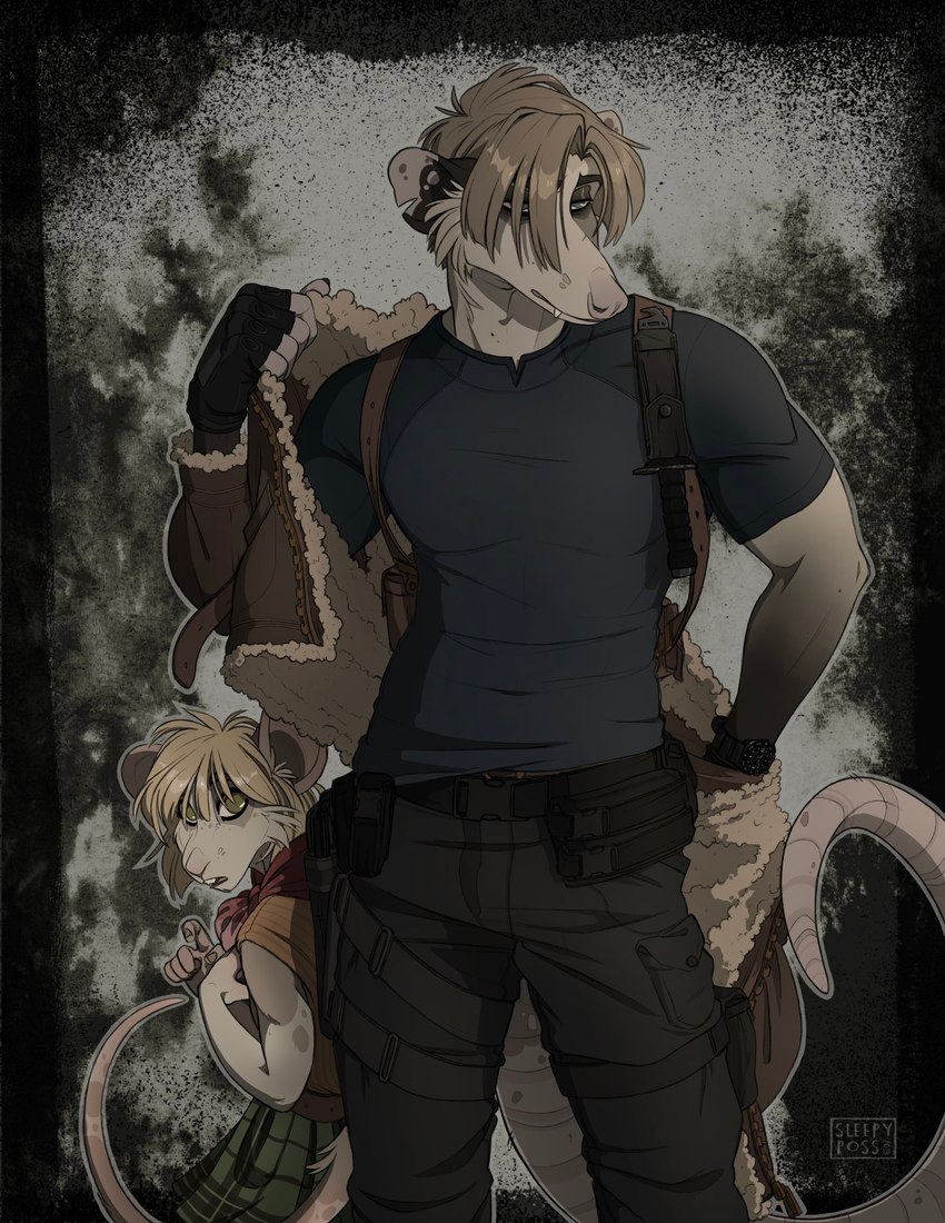 alternate_species anthro biped blonde_hair bottomwear clock clothed clothing duo female furrification green_eyes hair jacket male pants putting_on_clothes shirt topwear watch sleepy_poss capcom resident_evil ashley_graham_(resident_evil) leon_kennedy moushley american_opossum mammal marsupial mouse murid murine rodent virginia_opossum 2023 hi_res