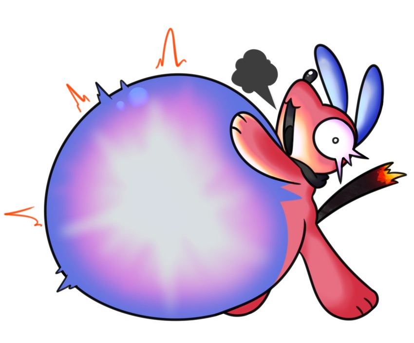 anthro belly big_belly black_mouth blue_body blue_fur blush bomb burp_cloud burping close_to_bursting explosion explosive_play explosives fur fuse glowing_belly hand_on_belly huge_belly hyper hyper_belly implied_popping inflation long_ears male navel outie_navel red_body red_fur rumbling_stomach scarf shocked silly silly_face simple_background solo white_background foamytail hybrid