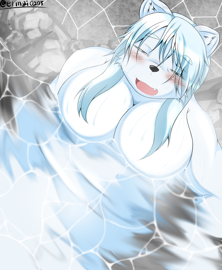 anthro big_breasts bird's-eye_view black_nose blush breasts cheek_tuft cute_fangs eyes_closed facial_tuft fangs female fur hair high-angle_view hot_spring huge_breasts kemono long_hair navel nude onsen open_mouth open_smile partially_submerged relaxing sitting slightly_chubby smile solo steam teeth tuft water wet white_body white_fur white_hair eringi bear mammal polar_bear ursine hi_res