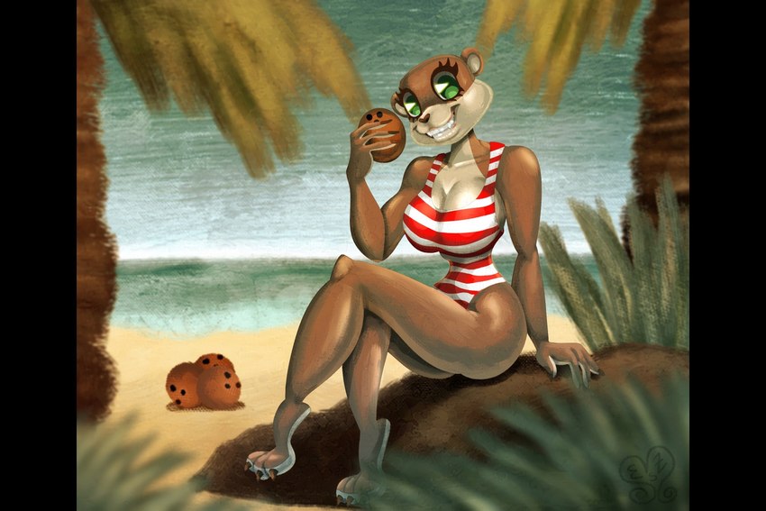 anthro beach big_breasts breasts brown_body brown_fur brown_nails cleavage clothed clothing coconut colored_nails drupe_(fruit) eyelashes female food fruit fur grass green_eyes holding_object long_nails looking_at_viewer nails one-piece_swimsuit palm_tree pattern_clothing pattern_swimwear plant red_clothing red_swimwear sea sitting small_waist smile solo striped_clothing striped_swimwear stripes swimwear tan_body tan_fur thick_thighs tree water white_clothing white_swimwear wide_hips blindedna broadside_beach shipwrecked_64 olive_otter mammal mustelid otter 3:2