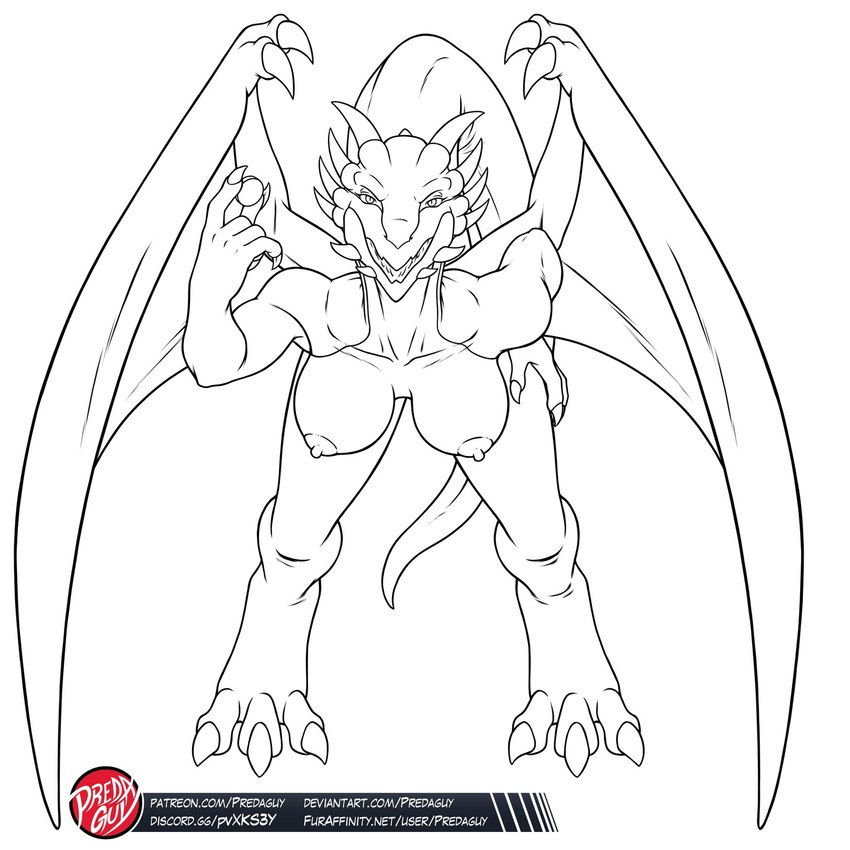 3_toes 5_fingers 8_horns alternate_species anthro areola bent_over big_breasts big_tail biped breasts claws coin digitigrade feet female finger_claws fingers front_view furrification holding_coin holding_object horn huge_breasts humanoid_hands leaning leaning_forward logo long_tail looking_at_viewer membrane_(anatomy) membranous_wings multi_horn nipples non-mammal_breasts nude open_mouth open_smile pupils simple_background slit_pupils smile smiling_at_viewer solo tail teeth text thick_tail toe_claws toes white_background wing_claws wings predaguy capcom dragon's_dogma european_mythology mythology madeleine_(dragon's_dogma) dragon mythological_creature mythological_scalie scalie western_dragon 1:1 2021 artist_logo black_and_white digital_drawing_(artwork) digital_media_(artwork) hi_res line_art monochrome url