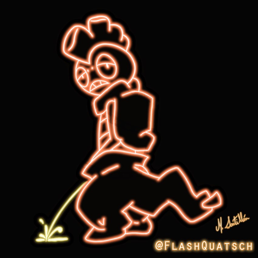 black_background bodily_fluids genital_fluids male neon_lights orange_lines peeing simple_background solo urine urine_stream yellow_lines yellow_urine flashquatsch nintendo pokemon generation_5_pokemon pokemon_(species) scrafty 1:1 signature watermark