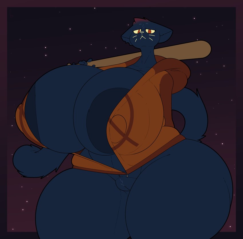 anthro areola baseball_bat bat_(object) big_areola big_breasts blue_areola blue_body bottomless breasts clothed clothing female genitals holding_baseball_bat hoodie huge_areola huge_breasts huge_hips huge_thighs hyper hyper_breasts hyper_thighs looking_at_viewer nipple_outline pussy red_eyes solo thick_thighs topwear whiskers wide_hips thenameisradio night_in_the_woods mae_borowski domestic_cat felid feline felis mammal absurd_res hi_res