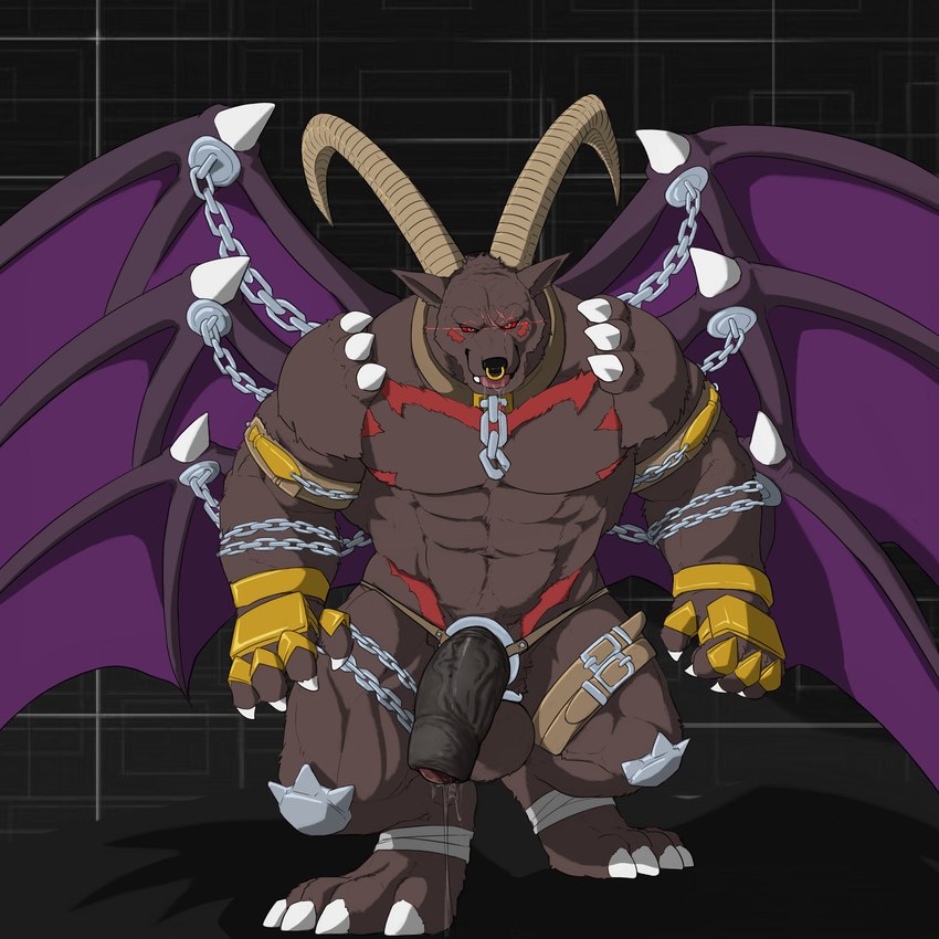 abs anthro belt brown_body brown_fur chain claws fur genitals horn male muscular muscular_anthro muscular_male pecs penis red_eyes solo wings riseson bandai_namco digimon belphemon belphemon_(rage_mode) bovid caprine demon digimon_(species) goat mammal 1:1 hi_res