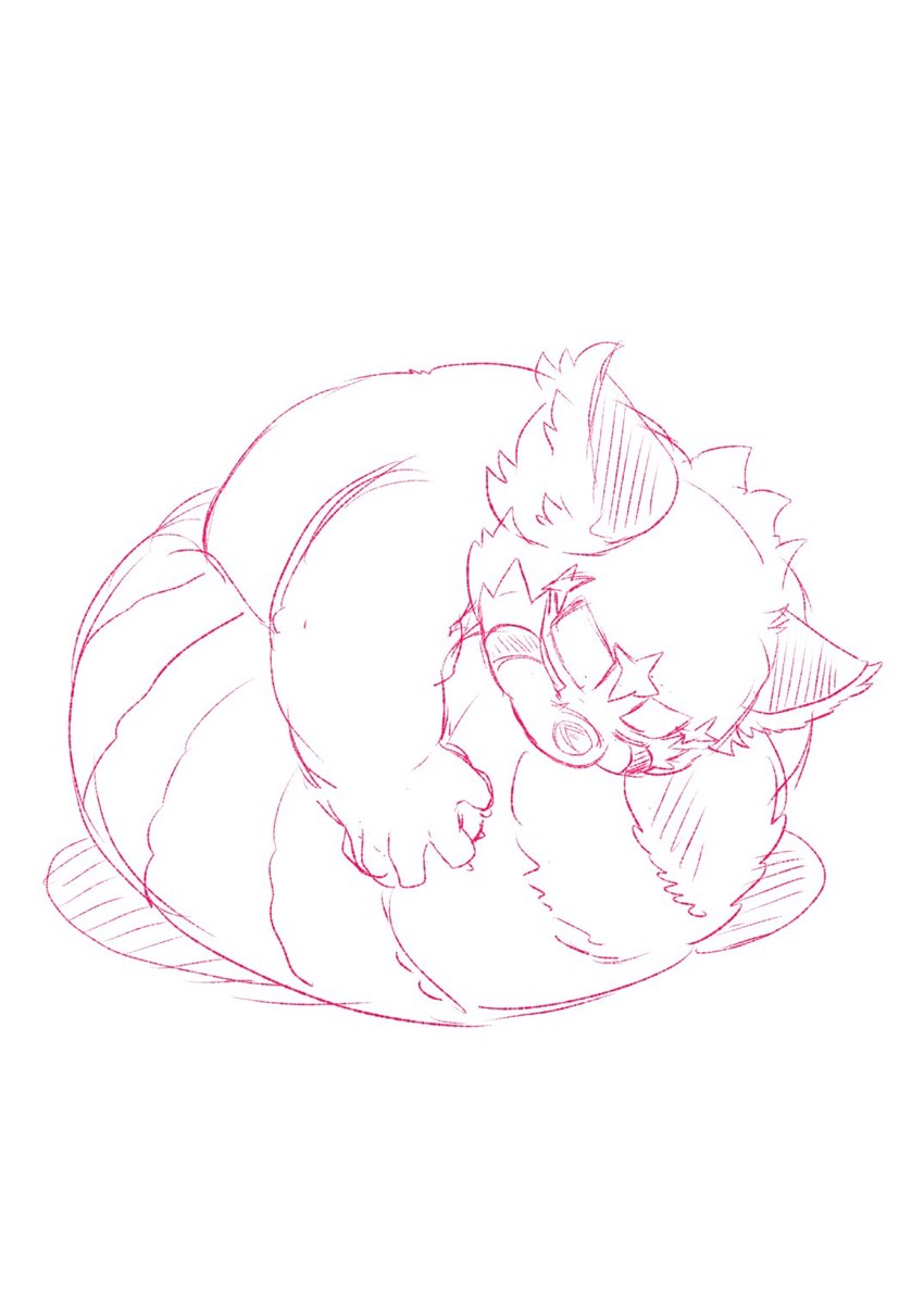 anthro hugging_own_tail male nude red_line_art sleeping slightly_chubby solo young kusarikakemono lifewonders tokyo_afterschool_summoners zhurong_(tas) ailurid mammal red_panda colored_line_art hi_res