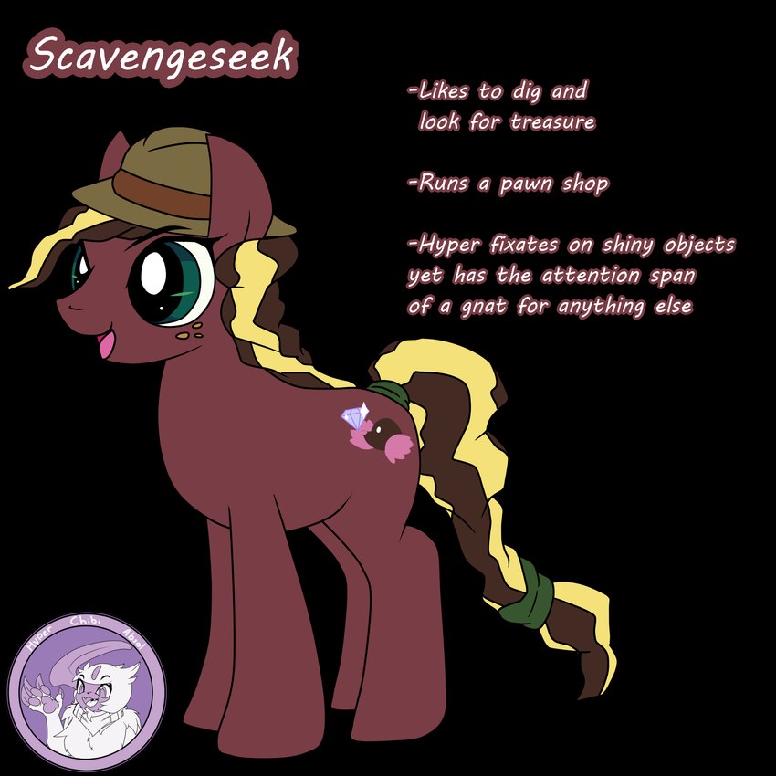 archeologist clothing cutie_mark diamond_(gem) dig digging female feral gem hat headgear headwear pony_oc scavengeseek solo text hyperchibiabsol hasbro my_little_pony mlp_oc equid equine eulipotyphlan horse mammal mole_(animal) pony 1:1 alpha_channel concept_art english_text hi_res