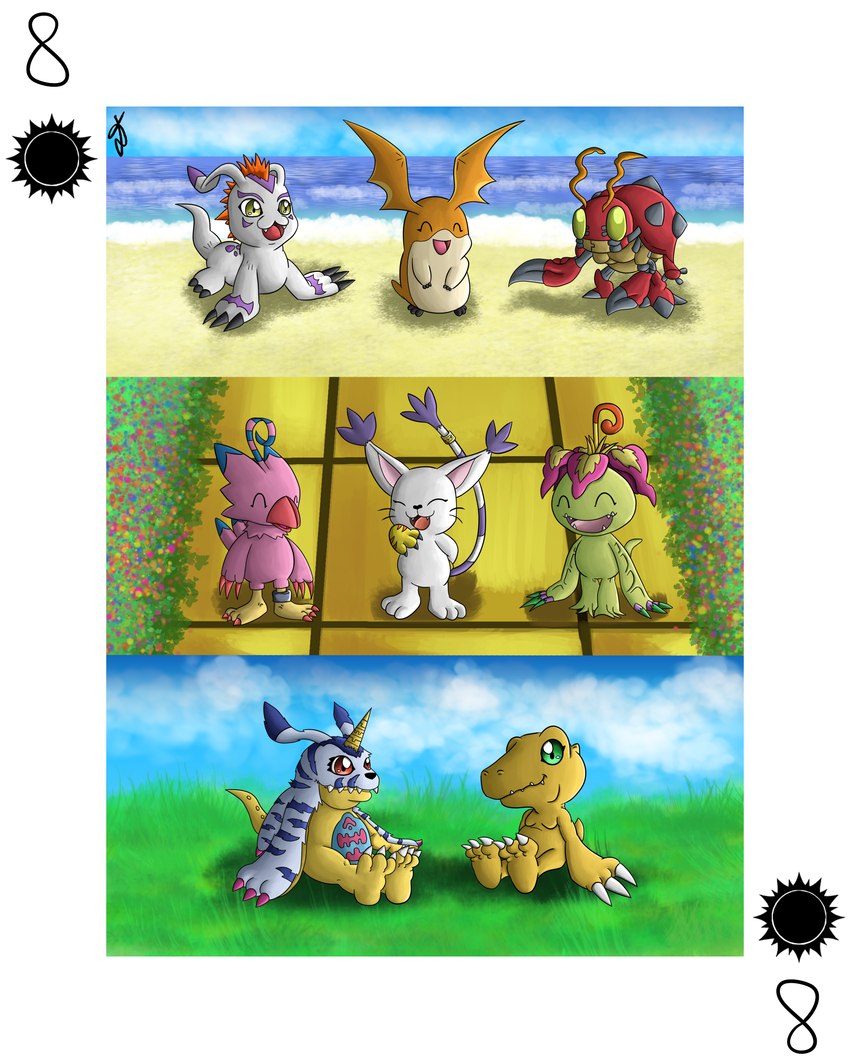 3_toes beach beak card card_template claws custom_cards feet female feral field garden group horn male playing_card playing_card_template seaside soles tail toe_claws toes water shiromon999 bandai_namco digimon agumon biyomon digimon_(species) gabumon gatomon gomamon palmon patamon tentomon 4:5 absurd_res hi_res