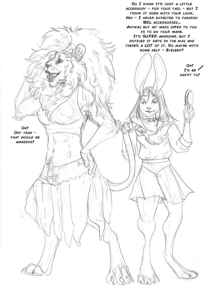 anthro bottomwear breasts brush clothing dialogue digitigrade duo female fur hair kilt mane midriff navel nipple_outline offscreen_character open_mouth skirt tail text arania the_cabin_in_the_woods_(arania) amanda_(tcitw) suki_(tcitw) felid lagomorph leporid lion mammal pantherine rabbit 2024 comic english_text hi_res monochrome