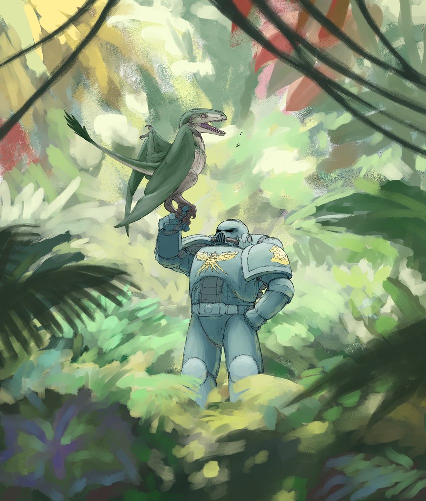 ambiguous_gender armor blue_armor claws detailed_background duo eyes_closed feral fern forest forest_background from_behind_position green_body hand_on_hip jungle jungle_background leaf looking_at_another machine male membrane_(anatomy) membranous_wings musical_note musical_symbol nature nature_background nictitating_membranes open_mouth palm_tree perching_position plant power_armor presenting_finger purple_mouth raised_arm red_leaves sex side_view singing space_marine standing standing_on_another symbol tail tail_tuft tree tuft vines white_body wings yellow_leaves zw3 european_mythology mythology warhammer_(franchise) warhammer_40000 dragon human mammal mythological_creature mythological_scalie scalie western_dragon wyvern 2023 absurd_res digital_media_(artwork) digital_painting_(artwork) hi_res