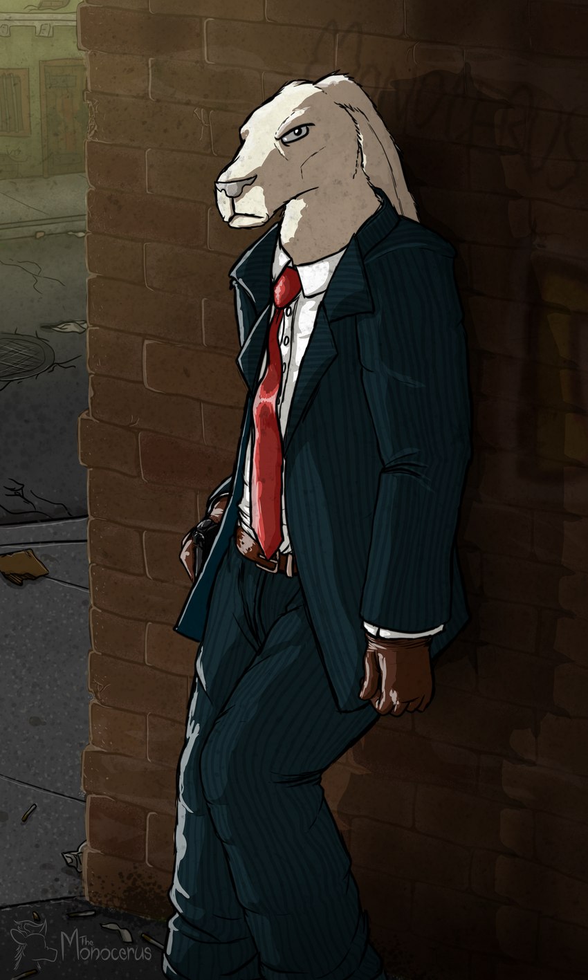 anthro belt blue_clothing blue_suit bottomwear brick_wall brown_belt brown_clothing brown_gloves brown_handwear city clothed clothing collared_shirt dirty fur glaring gloved_hands gloves graffiti grey_nose gritty gun handgun handwear leaning_on_wall light long_ears looking_at_viewer male manhole_cover necktie outside pants pin_stripes pistol ranged_weapon red_necktie serious_face shirt solo street suit suit_pants text topwear trash wall_(structure) weapon white_body white_clothing white_fur white_shirt white_topwear wonderland monocerus alice_is_dead the_rabbit_(alice_is_dead) lagomorph leporid mammal rabbit 3:5 absurd_res hi_res lighting