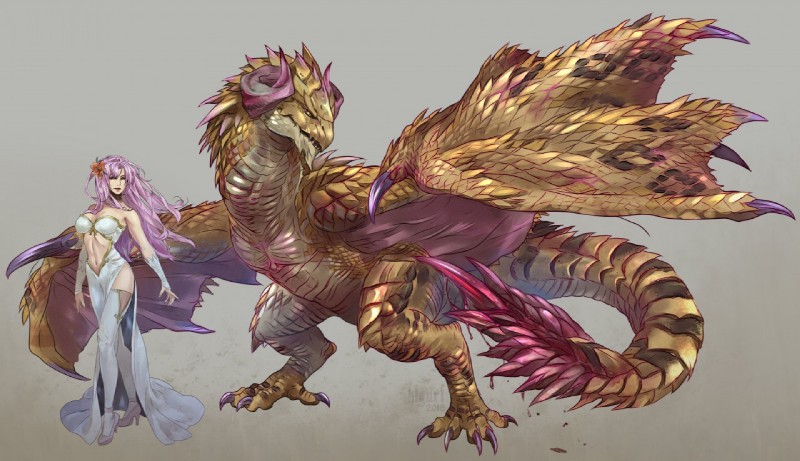 breasts claws duo female feral hair membrane_(anatomy) membranous_wings pink_hair simple_background standing tail wings kiguri capcom european_mythology monster_hunter mythology dragon dreadqueen_rathian flying_wyvern gold_rathian human mammal mythological_creature mythological_scalie rath_wyvern rathian scalie western_dragon wyvern 2018