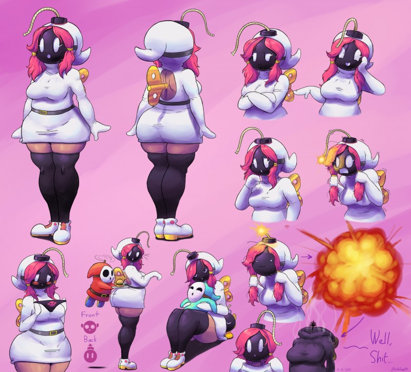 :| blush breasts burger butt clothing duo empty_eyes explosion female food for_a_head fuse hood legwear lit_fuse male male/female mask noseless not_furry panties profanity scared solo stockings text underwear white_eyes wind-up_key mataknight mario_bros nintendo shy-bomb bob-omb bomb_humanoid humanoid living_bomb object_head shyguy english_text hi_res multiple_images