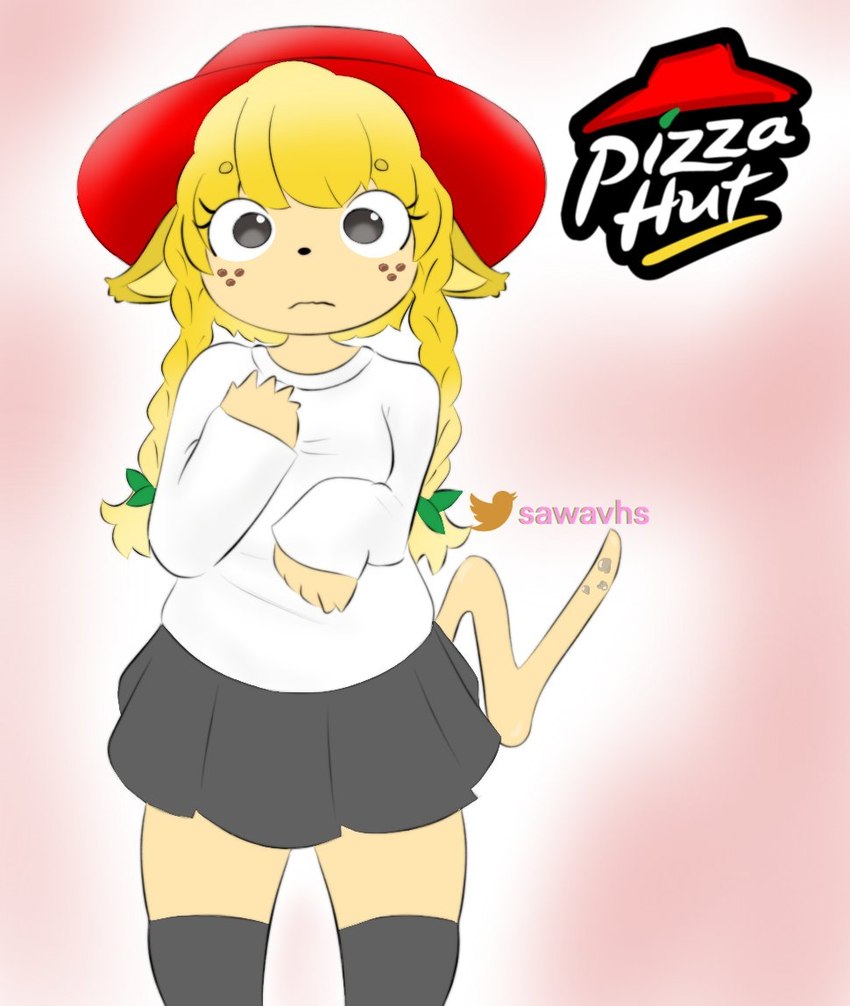 anthro black_clothing black_legwear black_stockings blonde_hair clothing company company_name female female_anthro food freckles hair hat headgear headwear kemono legwear pizza solo stockings thigh_highs mochagato sawavhs sawavhs_(artist) pizza_hut canid canine mammal watermark