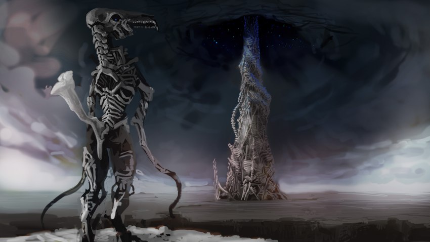 ambiguous_gender anthro blue_eyes creepy looking_at_viewer looking_back looking_back_at_viewer solo storm tower unusual_anatomy meandraco alien monster cloudy_(disambiguation) 16:9 hi_res widescreen