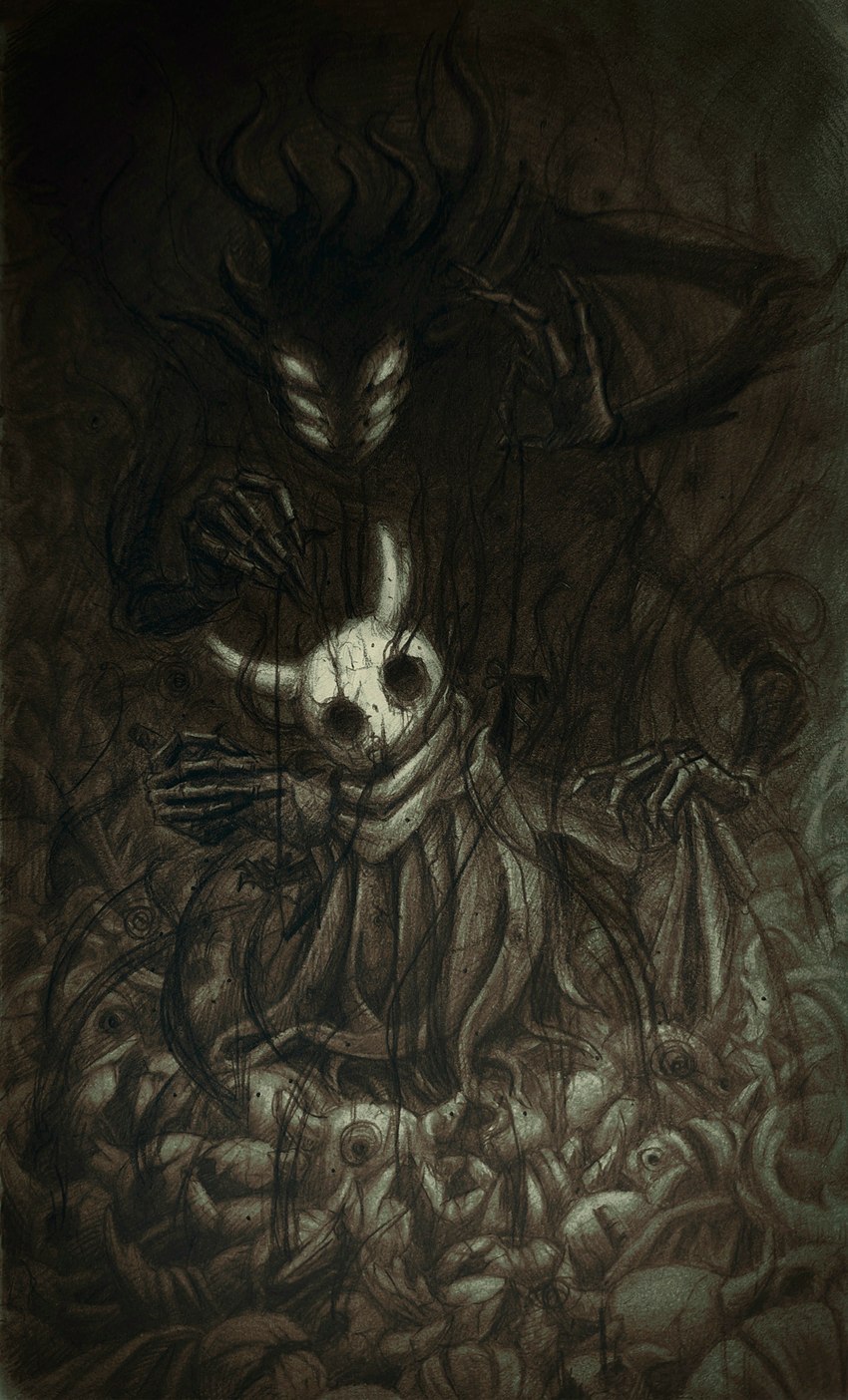 2_horns 5_fingers 6_eyes ambiguous_gender black_eyes cloak clothing creepy detailed_background duo fingers horn multi_eye white_eyes mushroom-owl hollow_knight team_cherry shade_lord_(hollow_knight) the_knight_(hollow_knight) shadow_creature vessel_(species) 2025 absurd_res hi_res painting_(artwork) traditional_media_(artwork) traditional_painting_(artwork)