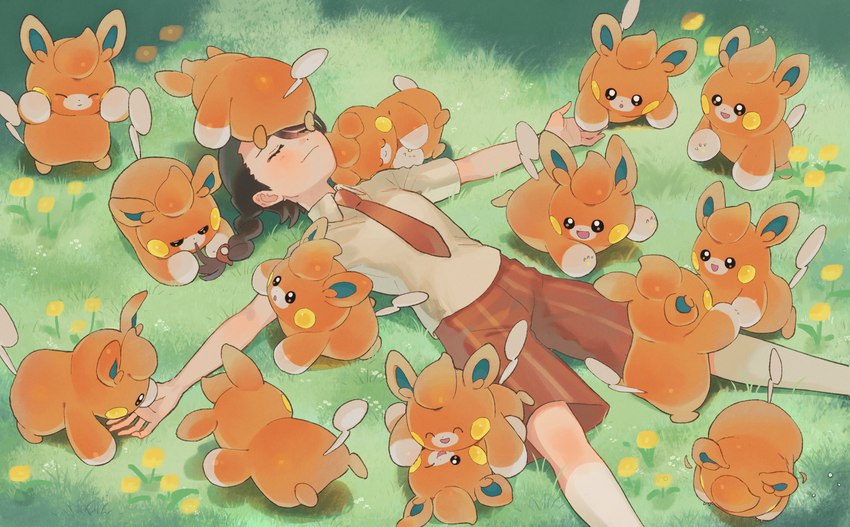 all_fours ambiguous_gender blue_body blush bottomwear brown_hair carrying_another cheek_spots clothing eyes_closed facial_markings feet female feral flower fur gloves_(marking) grass group hair hair_in_mouth hand_holding head_markings knee_highs legwear light_body light_skin lying markings naranja_academy necktie on_back on_head one_eye_closed orange_body orange_bottomwear orange_clothing orange_fur orange_necktie orange_shorts pigtails plant rubbing_cheek school_uniform shirt shorts sleeping soles tail topwear uniform white_body white_fur huruikawara nintendo pokemon juliana_(pokemon) generation_9_pokemon human mammal pawmi pokemon_(species) 2023 hi_res