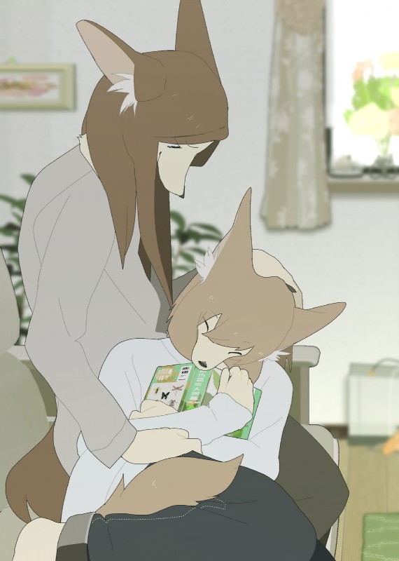 anthro blurred_background book bottomwear brown_hair chair clothed clothing detailed_background duo female fully_clothed fur furniture good_parenting hair head_on_lap headpat inner_ear_fluff inside kemono long_hair looking_at_another on_lap painting pants shirt sitting sleeping tan_body tan_fur topwear tuft window taracod nao_(taracod) canid canine fennec_fox fox mammal true_fox hi_res daughter_(lore) mother_(lore) mother_and_child_(lore) mother_and_daughter_(lore) parent_(lore) parent_and_child_(lore) parent_and_daughter_(lore)