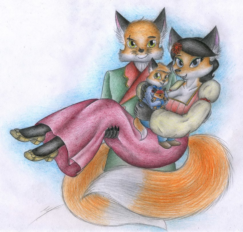 anthro baby clothing dress female group male trio young young_anthro sinaherib gedvin_volpent gunter_volpent henriette_melleyse canid canine fox mammal red_fox true_fox hi_res traditional_media_(artwork)