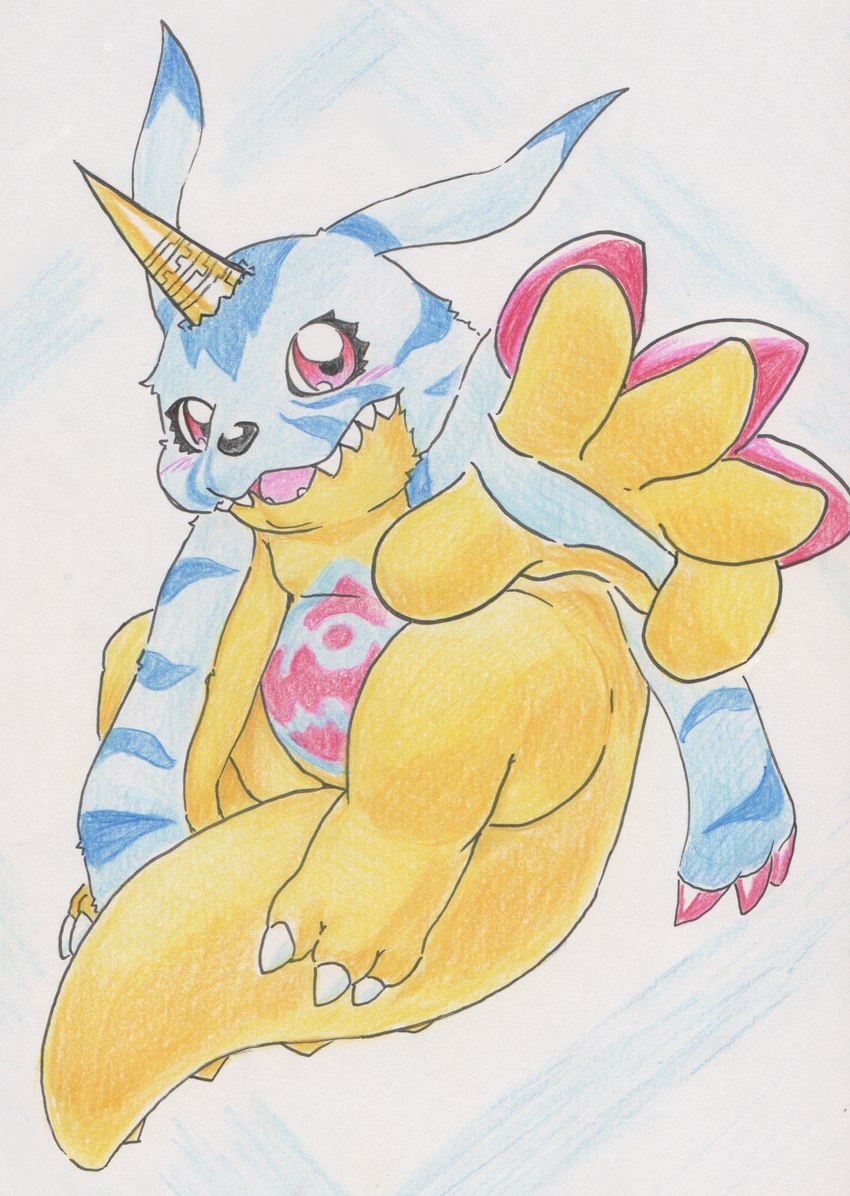 animal_skin anthro belly belly_markings blush claws fur horn looking_at_viewer male markings red_eyes slightly_chubby striped_body striped_fur stripes tabasukotrr bandai_namco digimon digimon_(species) gabumon absurd_res hi_res traditional_media_(artwork)