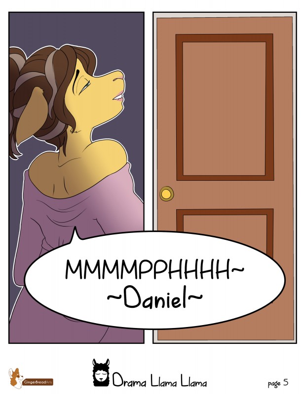 anthro bathrobe bite biting_lip biting_own_lip brown_hair clothed clothing dialogue female fur green_eyes hair robe self_bite solo text yellow_body yellow_fur zombikiss llama_llama mama_llama camelid llama mammal absurd_res comic digital_media_(artwork) english_text hi_res