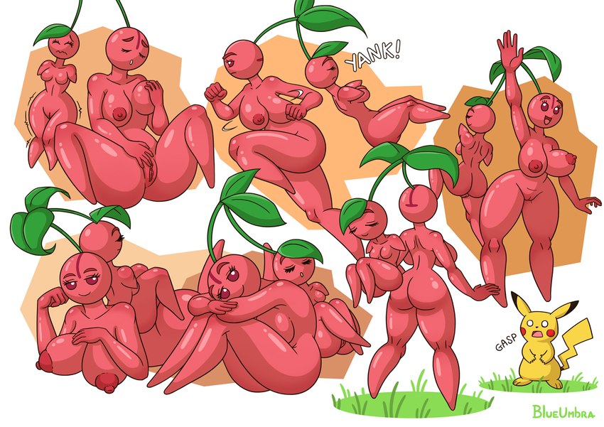 anthro areola armless big_breasts big_butt breasts butt cherry curvy_figure eyes_closed female food footless front_view fruit gasp genitals gesture grass group hourglass_figure jiggling leaf looking_at_viewer lying male male/female masturbation nipples nude onomatopoeia pink_body pink_skin plant purple_eyes pussy rear_view red_areola red_nipples running simple_background sleeping small_breasts smile smiling_at_viewer sound_effects standing text waving waving_at_viewer yank blueumbra nintendo pokemon cherubi generation_1_pokemon generation_4_pokemon humanoid pikachu pokemon_(species)