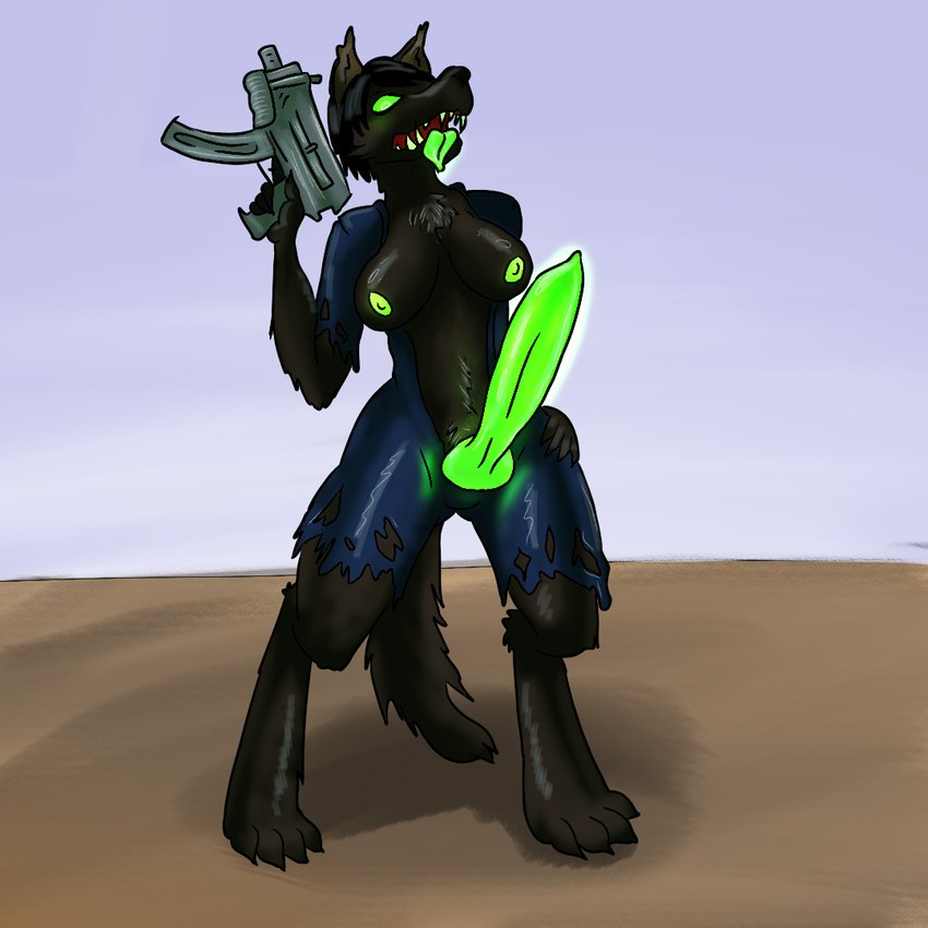 animal_genitalia animal_penis anthro breasts canine_genitalia canine_penis chest_tuft clothing digitigrade genitals glowing glowing_eyes glowing_genitalia glowing_nipples glowing_penis glowing_tongue green_penis gun gynomorph hand_on_hip holding_gun holding_object holding_ranged_weapon holding_weapon intersex nipples outside penis ranged_weapon solo tongue torn_clothing tuft vault_suit weapon causticutie fallout microsoft vault_dweller canid canine canis domestic_dog mammal 1:1