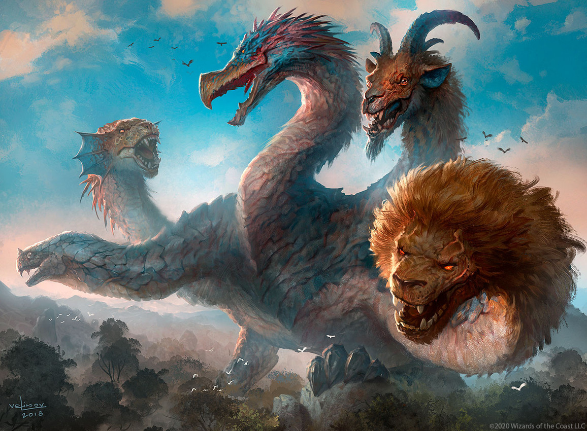 ambiguous_gender beak brown_body brown_fur claws cloud day detailed_background feral fin forest fur horn macro mane open_mouth outside plant red_eyes sharp_teeth solo teeth tongue tongue_out tree svetlin_velinov european_mythology greek_mythology hasbro magic:_the_gathering mythology wizards_of_the_coast ambient_bird chimera mythological_chimera mythological_creature scalie 2018 official_art