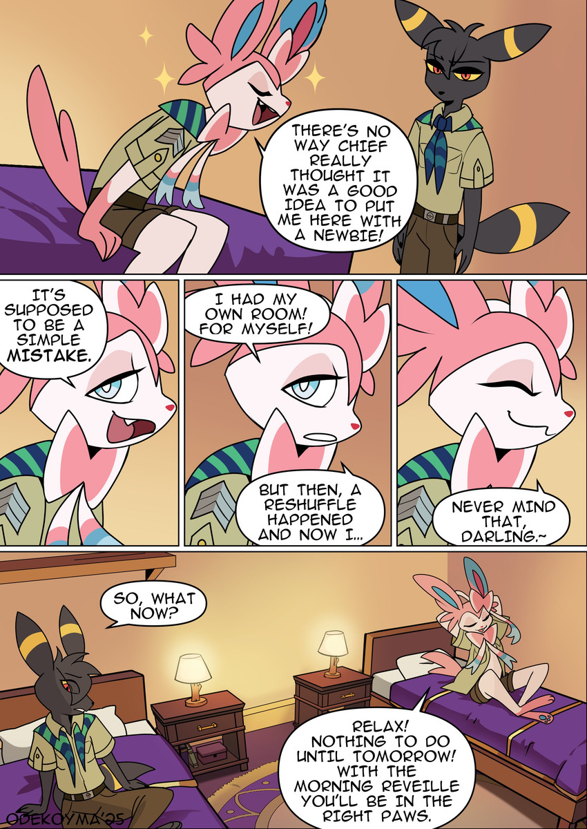 anthro anthrofied bed black_body black_ears black_fur black_nose black_tail blue_eyes dialogue duo fur furniture lamp male pawpads paws pink_body pink_ears pink_fur pink_nose pink_tail pokemorph red_eyes tail text white_body white_fur odeko-yma nintendo pokemon pokemon_mystery_dungeon spike_chunsoft lucky_(odeko-yma) pix_(odeko-yma) eeveelution generation_2_pokemon generation_6_pokemon pokemon_(species) sylveon umbreon absurd_res comic english_text hi_res