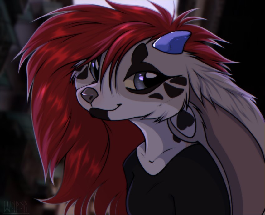 anthro big_ears brown_body brown_fur clothing ears_down female fur hair happy horn long_ears long_hair looking_at_viewer looking_pleasured muzzle_(object) pivoted_ears red_hair simple_background smile solo white_body white_fur wire_basket_muzzle shyryp shyryp_(character) canid canine hybrid mammal absurd_res digital_media_(artwork) hi_res