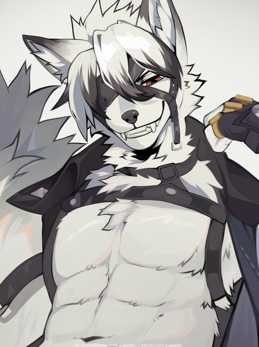 abs anthro big_muscles biped black_eyes fur harness looking_at_viewer male muscular muscular_anthro muscular_male pecs red_eyes smile smiling_at_viewer solo white_body white_fur angiewolf mihoyo zenless_zone_zero von_lycaon canid canine canis mammal wolf 2024 hi_res