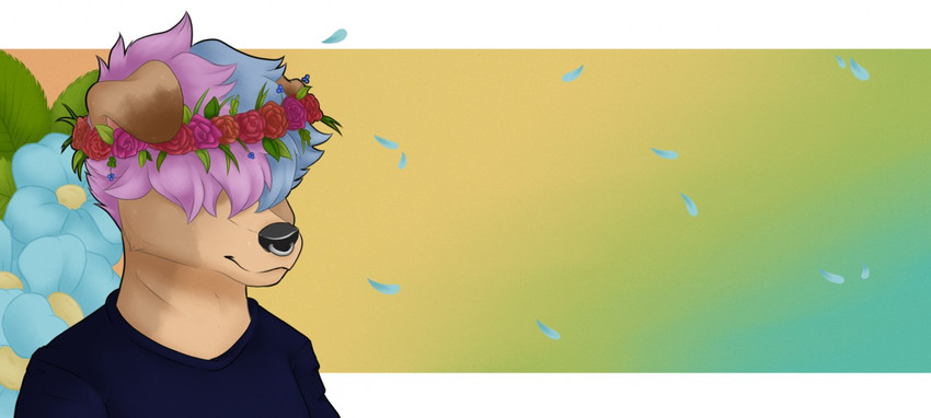 anthro facial_piercing floral flower flower_crown flower_garland garland hair hair_over_eye head_wreath male mutt_dog nose_piercing nose_ring one_eye_obstructed petals piercing plant ring_piercing smile solo dunnowhattowrite gvmi canid canine canis domestic_dog mammal