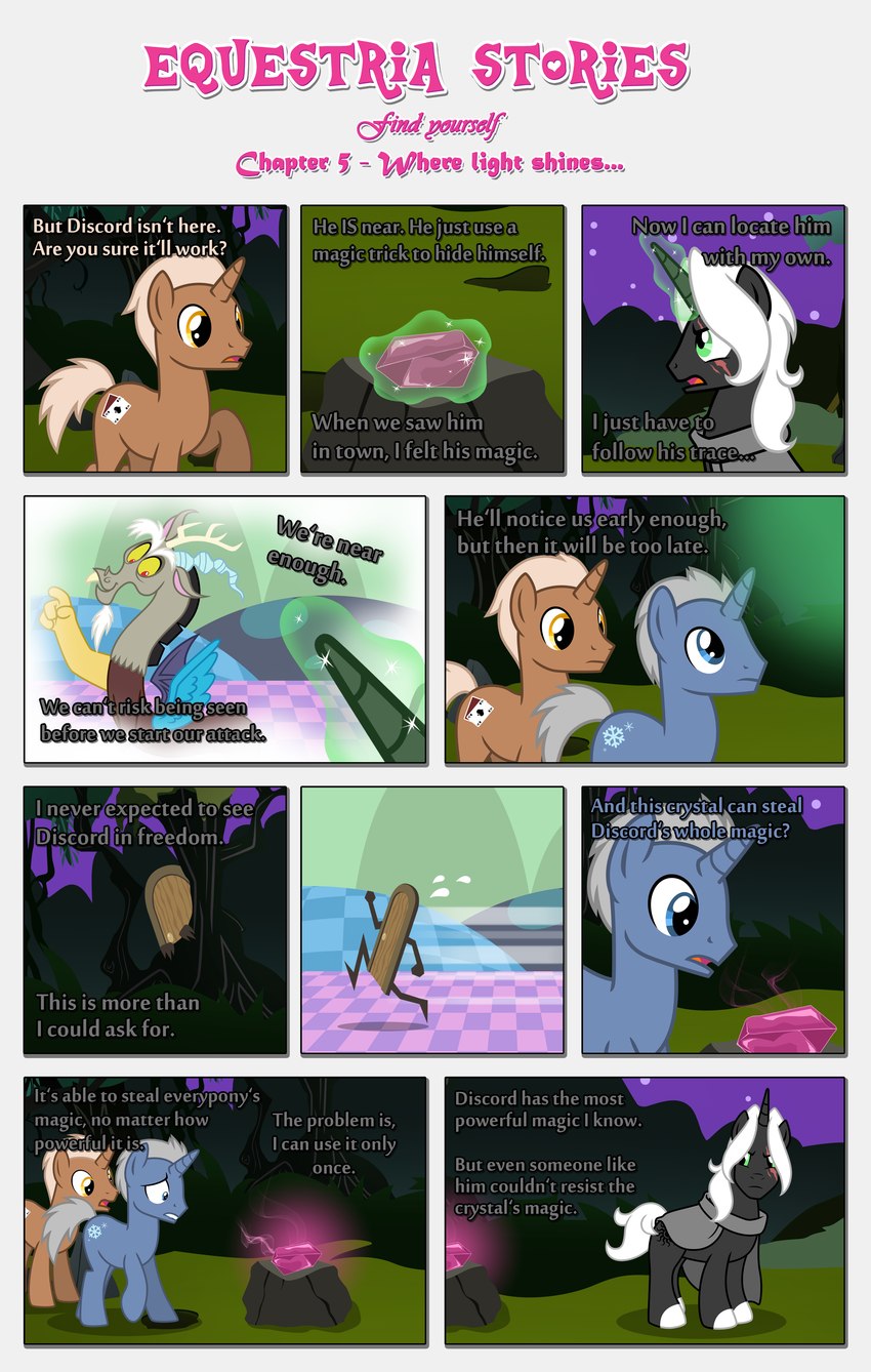 anthro apprehensive black_border border cloak clothing crystal cutie_mark feral glowing glowing_horn grass group hidden horn lore magic male pink_crystals plant running spread_wings spying text tree tree_stump wings estories friendship_is_magic hasbro my_little_pony mythology discord_(mlp) fan_character mobius_(estories) chimera draconequus equid equine mammal mythological_creature mythological_equine unicorn absurd_res english_text hi_res